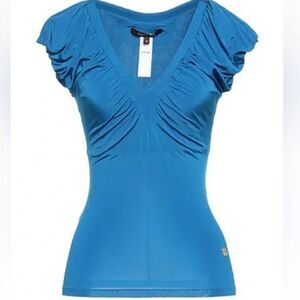 Roberto Cavalli Blue Ruched Stretch Jersey Ruffle Shirt | Size 8